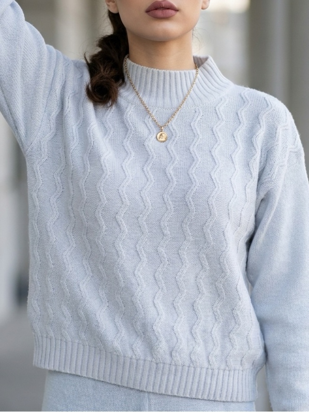 Wainscott Vintage Cream White Cotton Zigzag Cable Knit Mock Neck Sweater Small